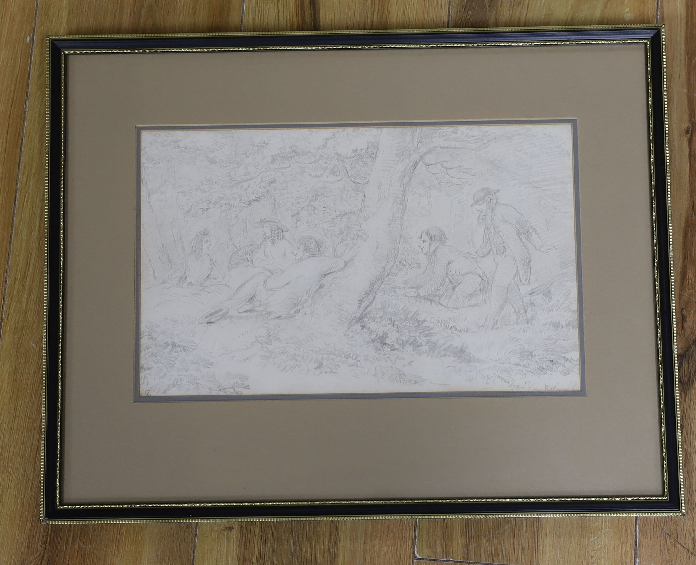 George Cruikshank (1792-1878), pencil drawing, 'The Picnic', signed, 20 x 32cm